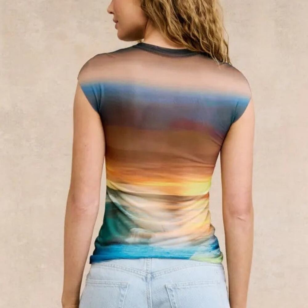 AFRM Nina Top Printed Sheer Mesh Cap Sleeve Crew Neck Ocean Ombre XS - Picture 3 of 12
